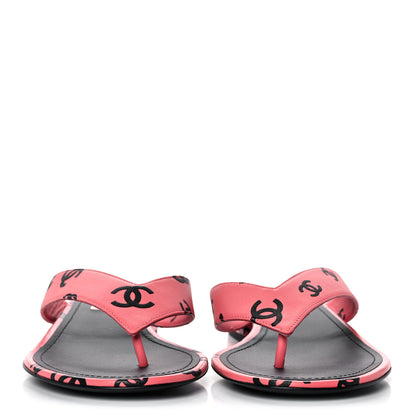 Chanel Lambskin Printed CC Thong Sandals 39 Pink Black 2 of 9