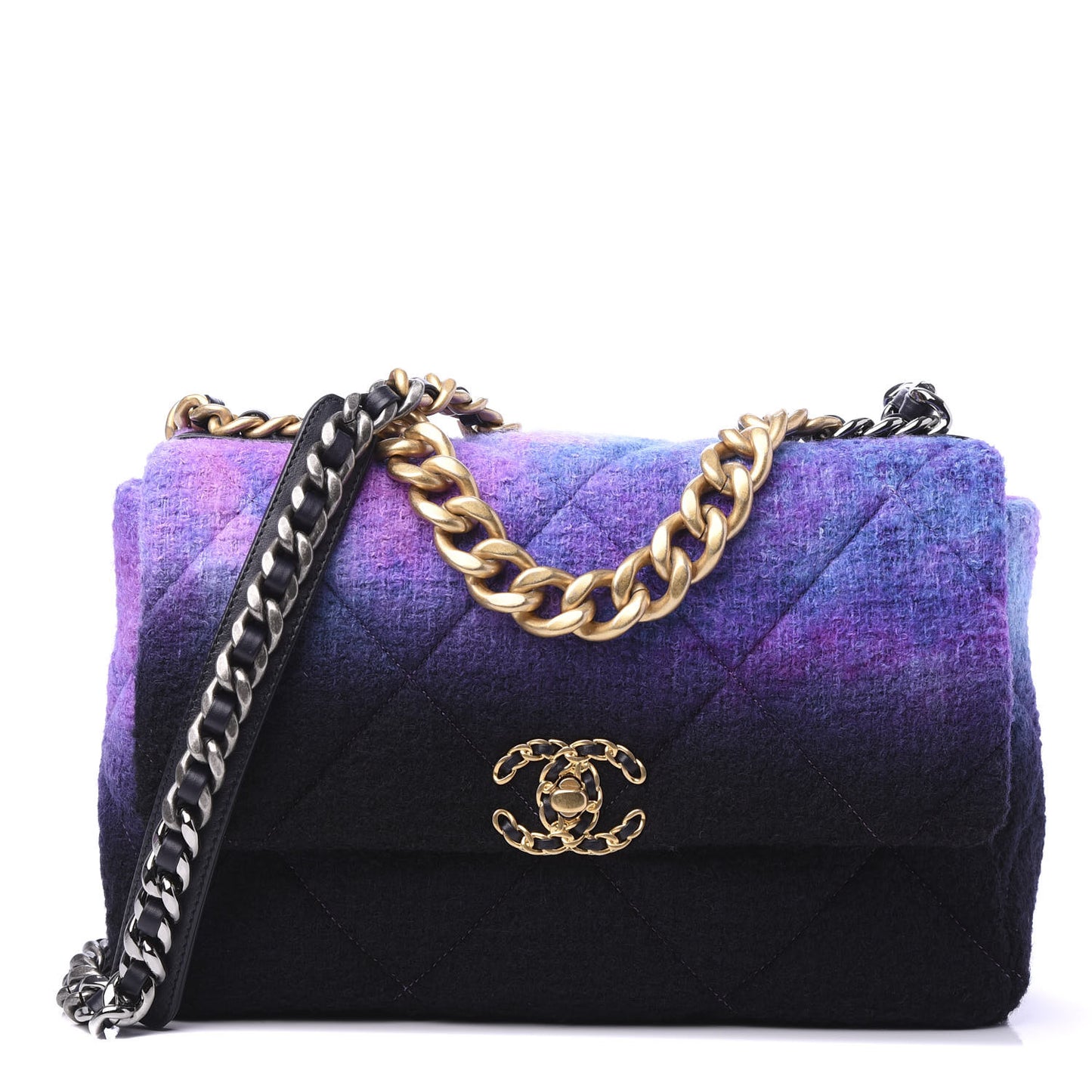 Wool Tweed Quilted Large 19 Flap Purple Black Blue