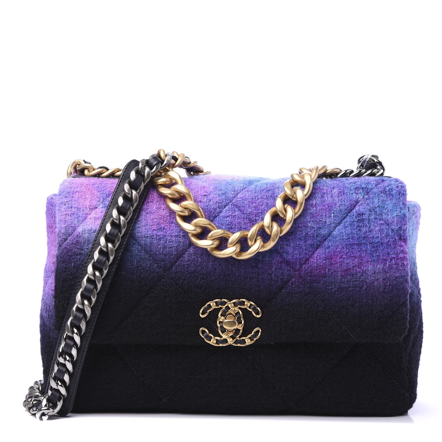 Chanel Wool Tweed Quilted Large 19 Flap Purple Black Blue 1 of 11