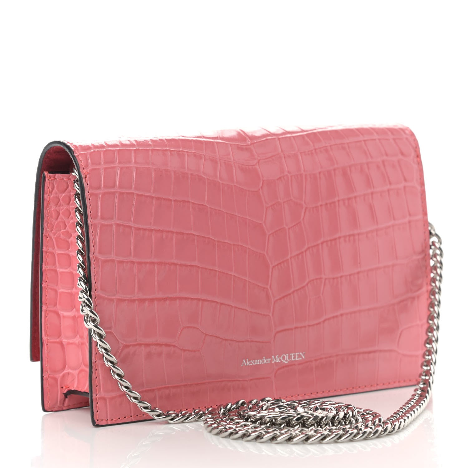 Alexander McQueen Calfskin Crocodile Embossed Skull Mini Crossbody Bag Pink 3 of 9