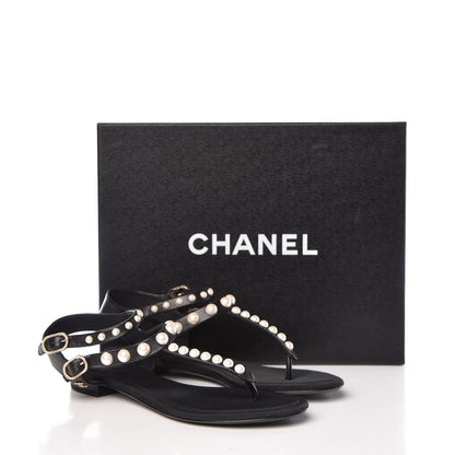 Chanel Lambskin Pearl Thong Sandals 35.5 Black 9 of 9