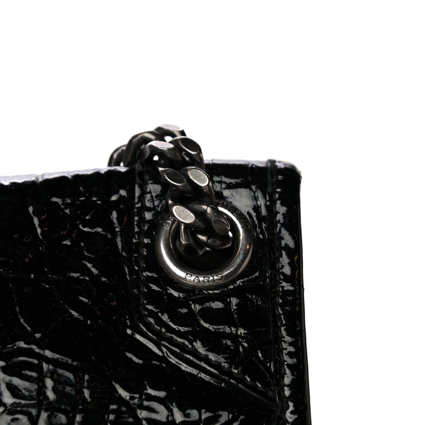 Patent Crocodile Embossed Lambskin Monogram Medium Niki Chain Satchel Black