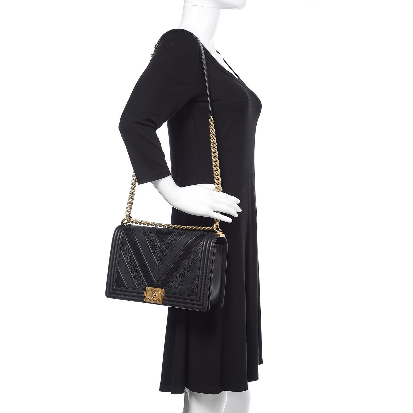 Calfskin Caviar Suede Chevron New Medium Boy Flap Black