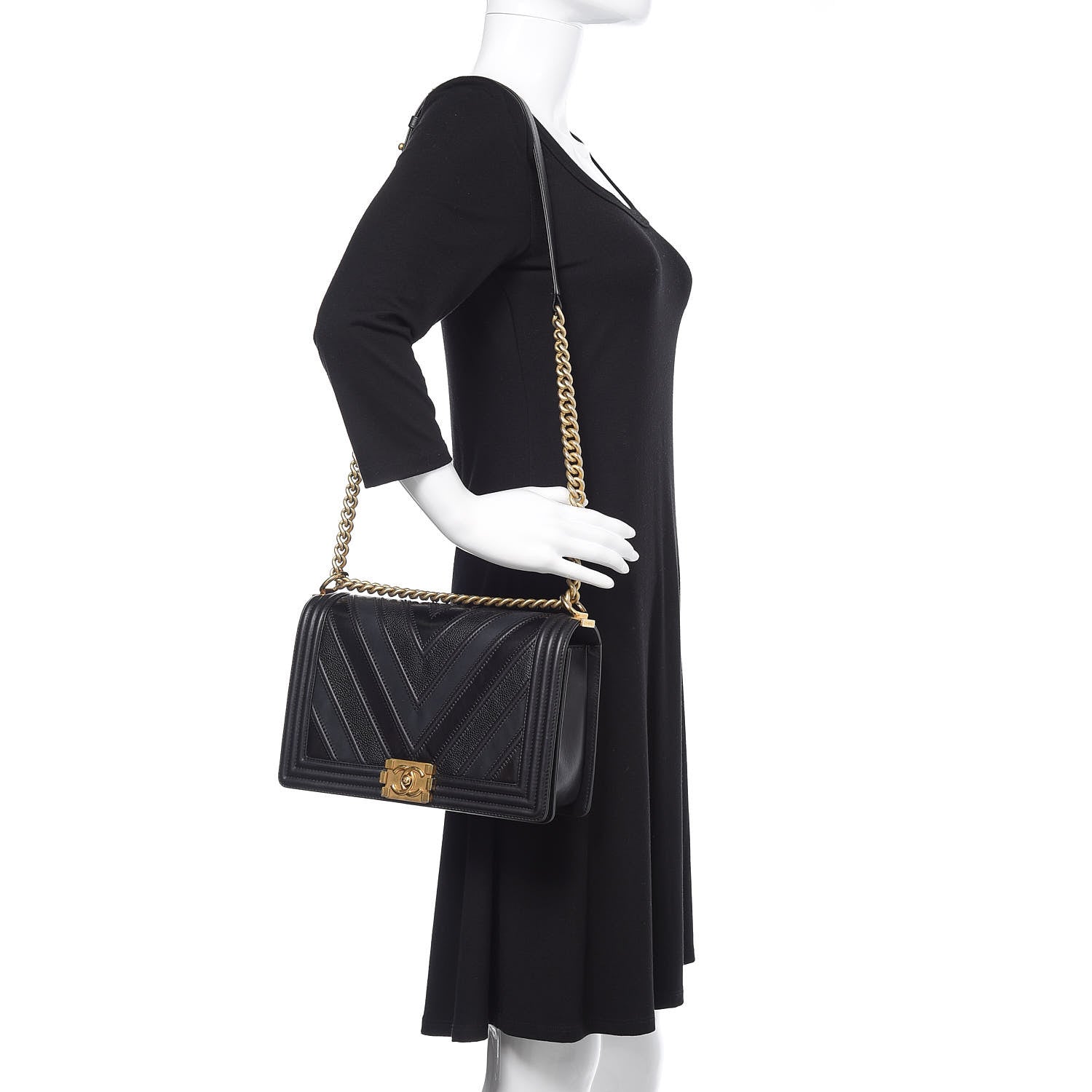 Chanel Calfskin Caviar Suede Chevron New Medium Boy Flap Black 2 of 16