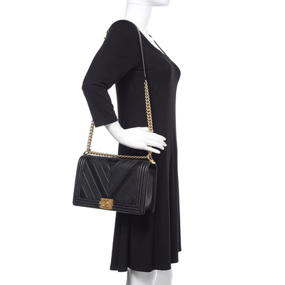 Chanel Calfskin Caviar Suede Chevron New Medium Boy Flap Black 2 of 16