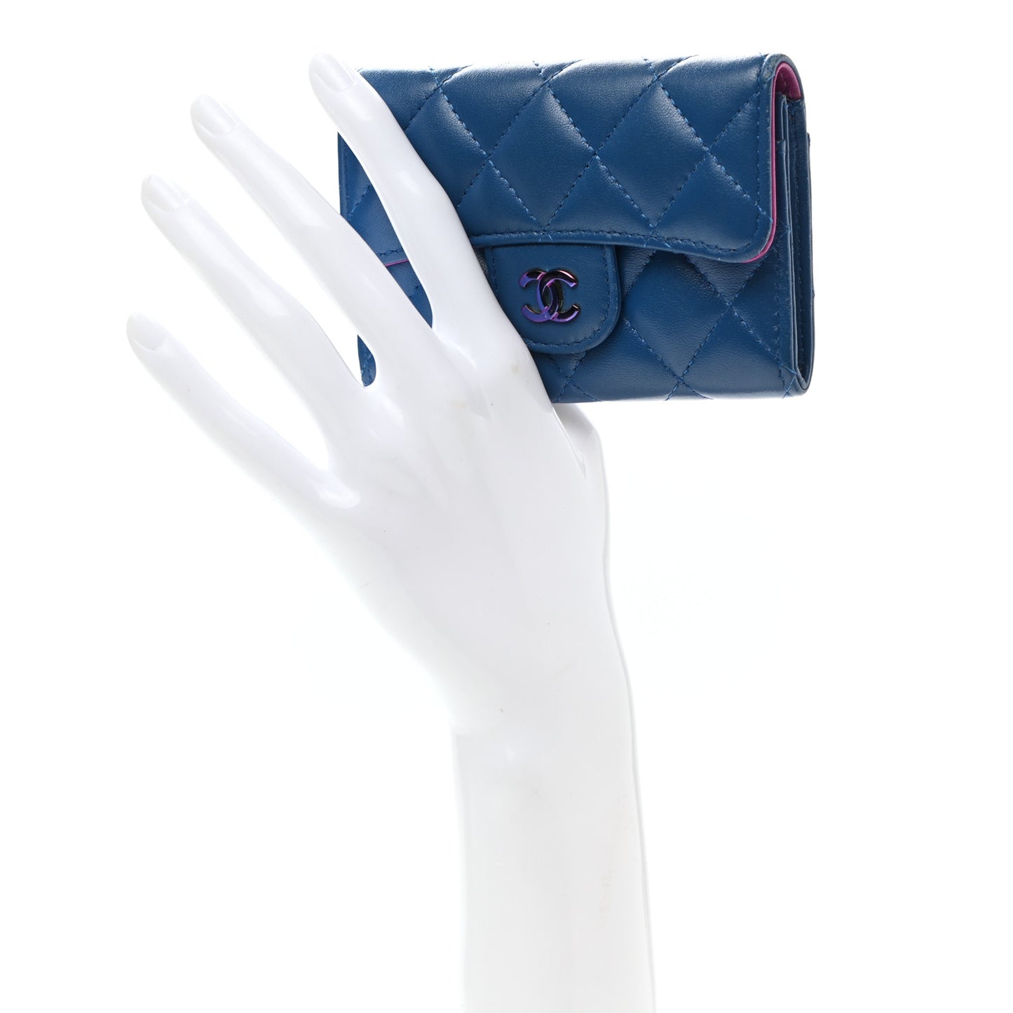Lambskin Quilted Flap Card Holder Wallet Blue Pink