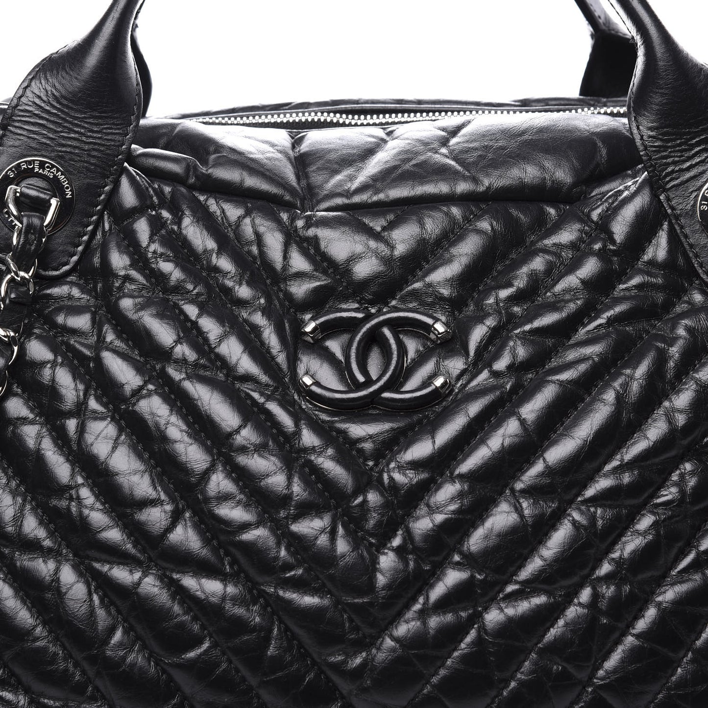 Aged Calfskin Chevron Large Soft Bowling Bag Black