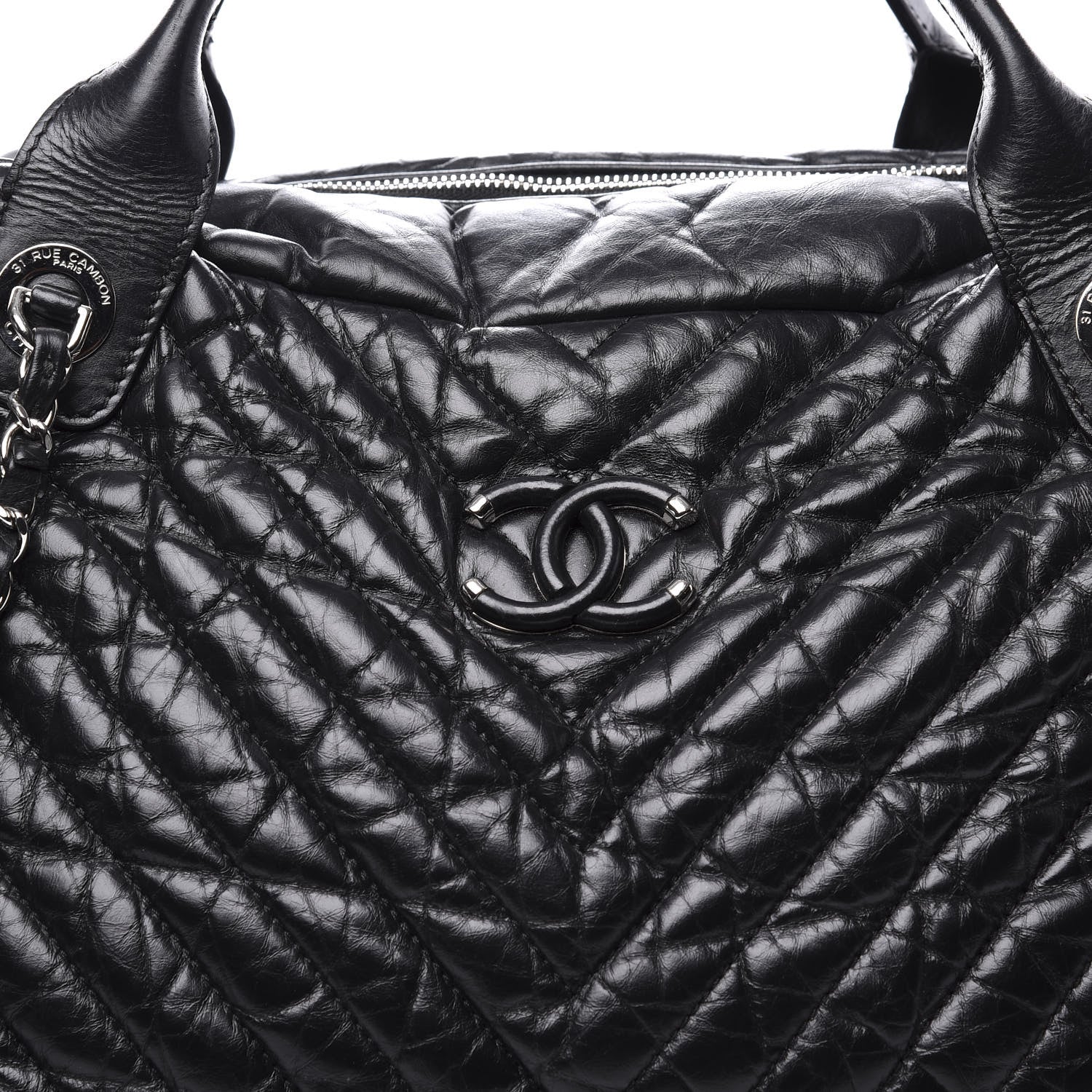 Chanel Aged Calfskin Chevron Large Soft Bowling Bag Black 10 of 11