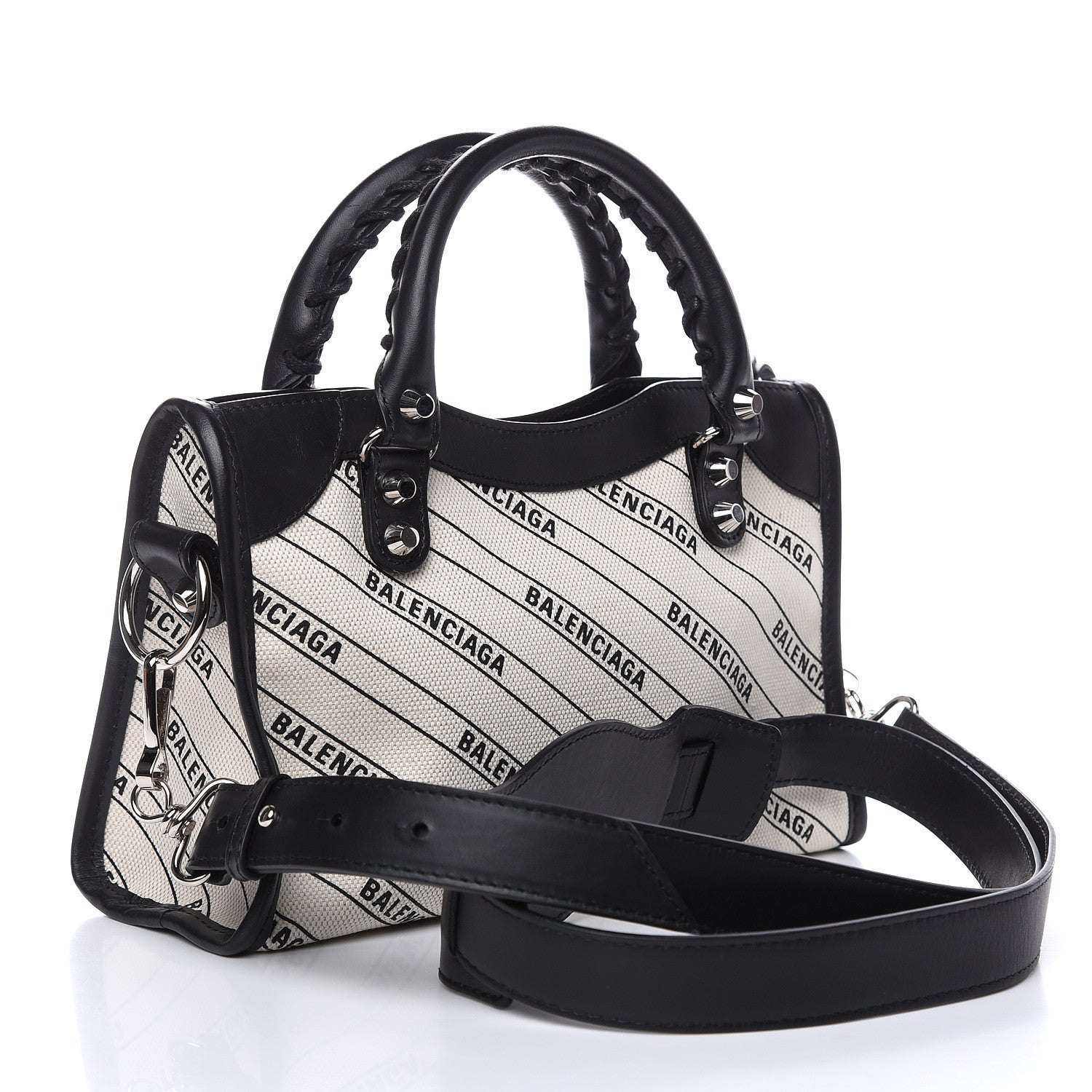 Balenciaga Canvas Satin Calfskin Diagonal Allover Logo Print Classic Silver Hardware Mini City Natural Black 3 of 10