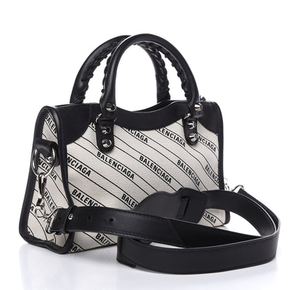 Balenciaga Canvas Satin Calfskin Diagonal Allover Logo Print Classic Silver Hardware Mini City Natural Black 3 of 10