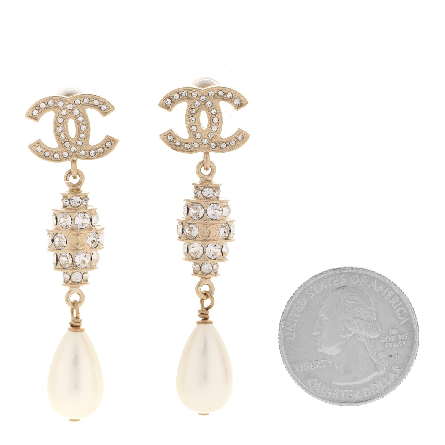 Chanel Crystal Pearl CC Drop Earrings Gold 2 of 5