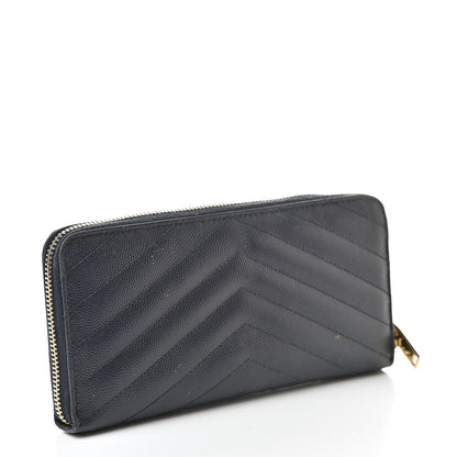 Saint Laurent Grain De Poudre Matelasse Chevron Monogram Zip Around Wallet Navy 3 of 16
