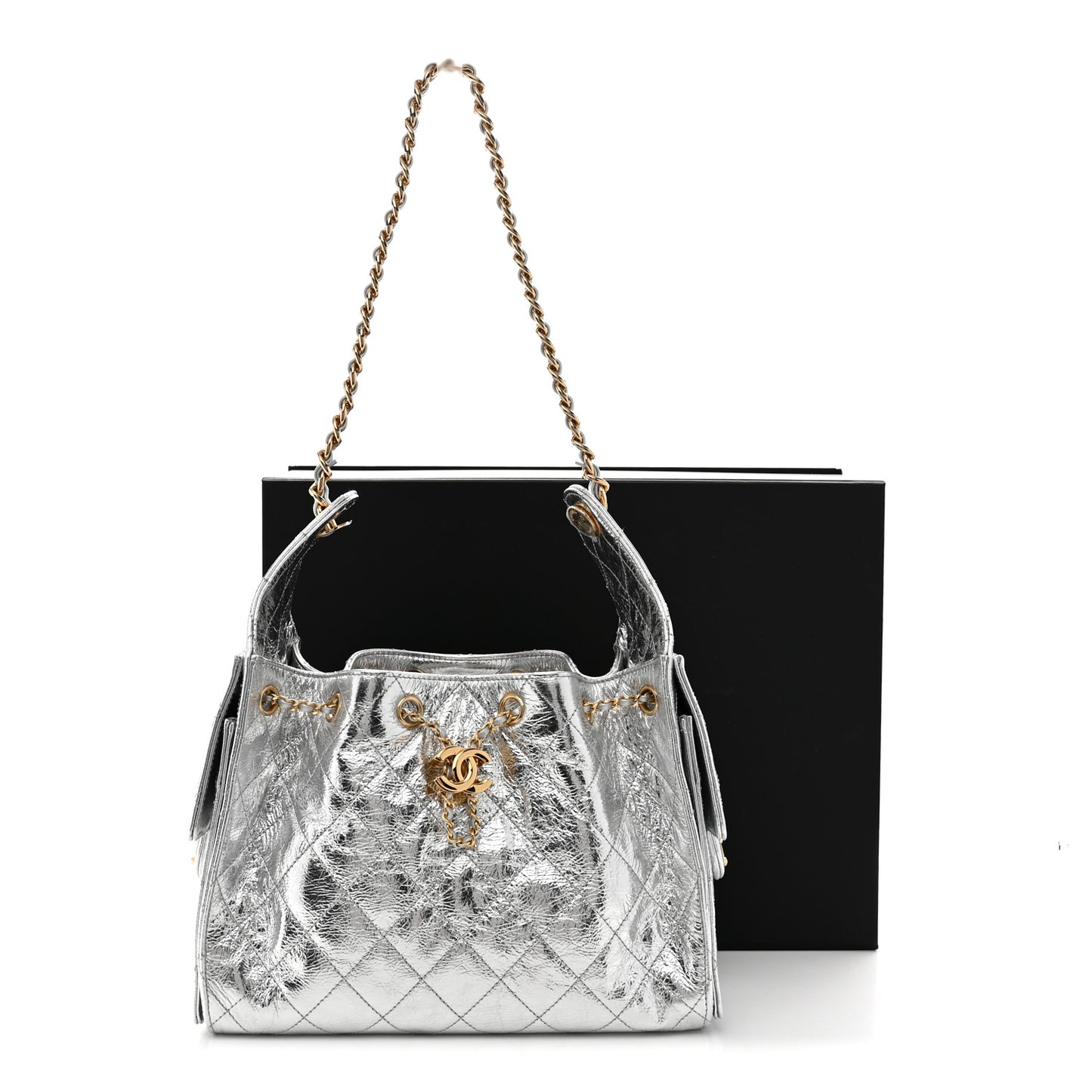 Metallic Crumpled Calfskin Quilted Small Chanel 25 Handbag Silvery