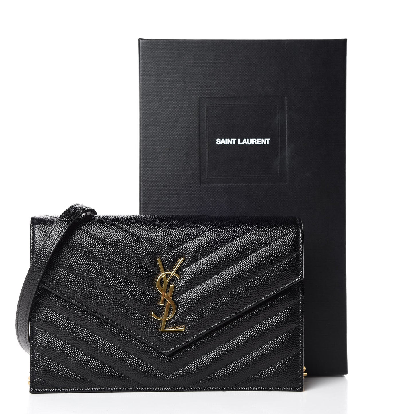 Grain De Poudre Matelasse Chevron Monogram Envelope Chain Wallet Black