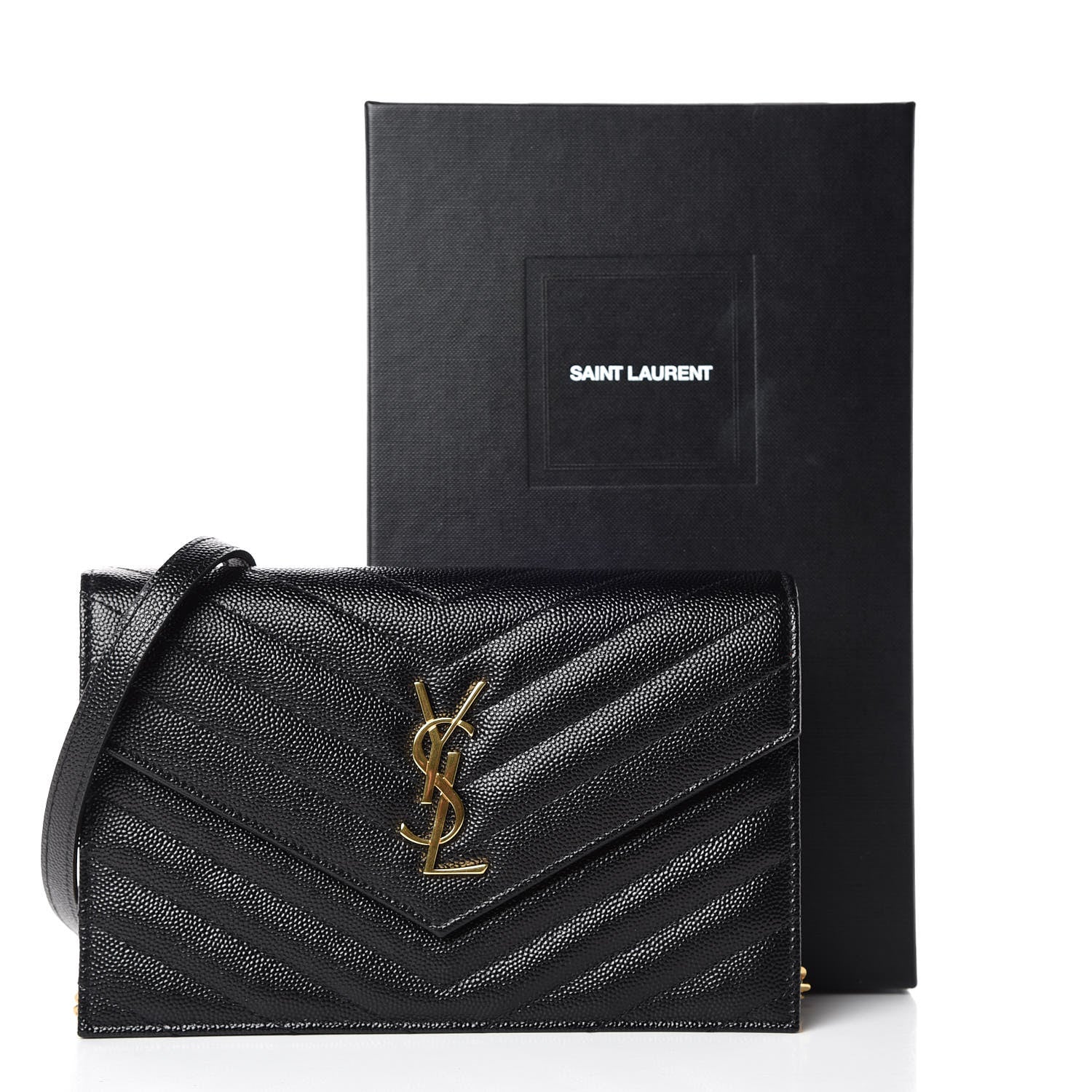 Saint Laurent Grain De Poudre Matelasse Chevron Monogram Envelope Chain Wallet Black 9 of 9
