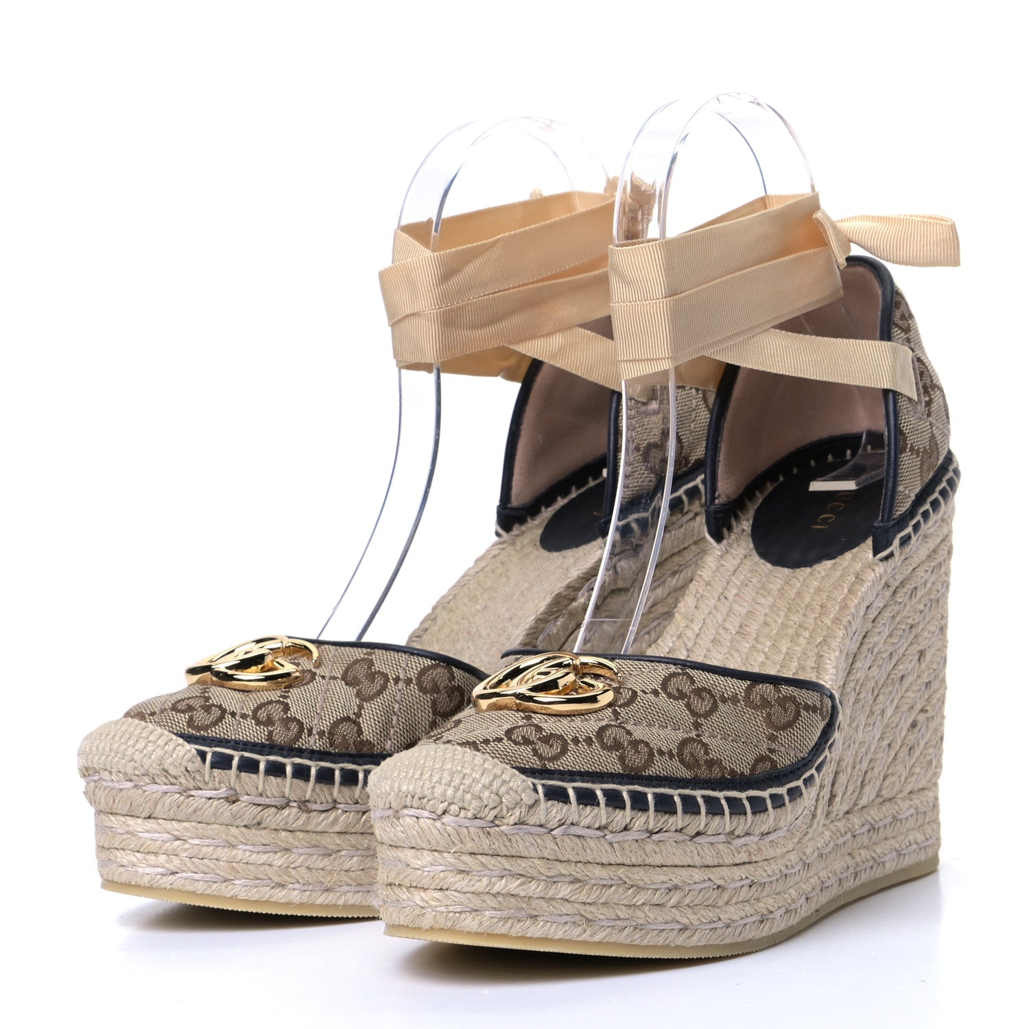 Gucci Monogram Matelasse GG Marmont Ankle Wrap Platform 35/120mm Espadrille Wedges 38.5 Beige Ebony Black Sand Storm 2 of 9