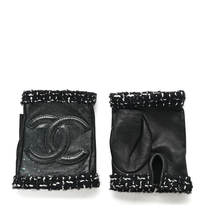 Chanel Metallic Lambskin Tweed CC Fingerless Gloves 6.5 Black Green 1 of 6