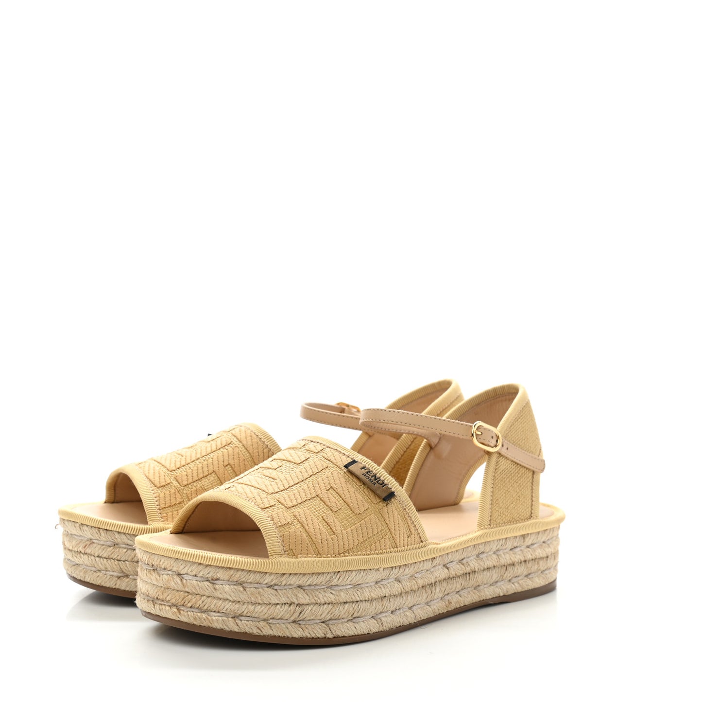 Raffia FF Embroidered Espadrille Platform Sandals 36 Natural