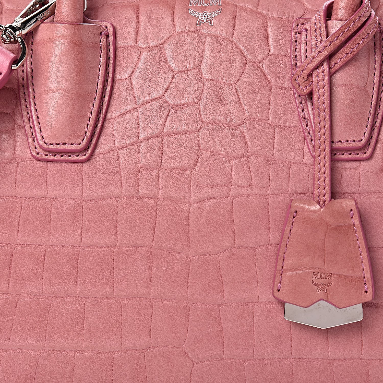MCM Calfskin Crocodile Embossed Medium Milla Tote Pink 10 of 10