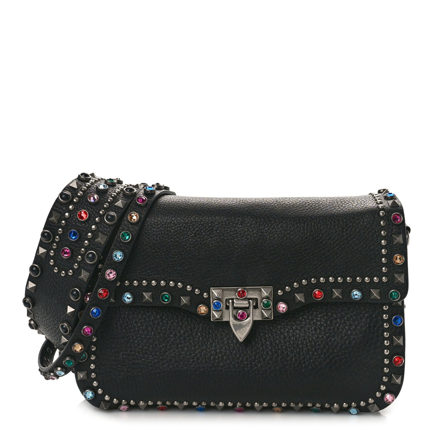Pebbled Calfskin Medium Guitar Strap Rockstud Rolling Flap Saddle Bag Black