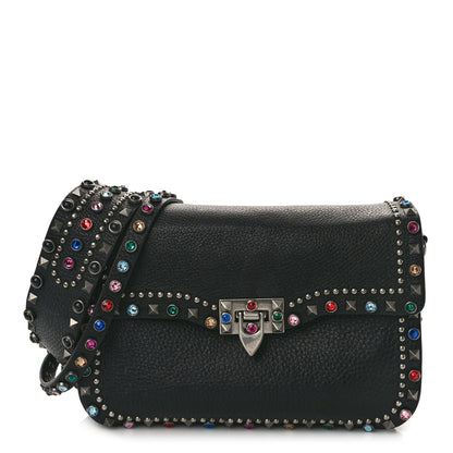 Valentino Garavani Pebbled Calfskin Medium Guitar Strap Rockstud Rolling Flap Saddle Bag Black 1 of 9