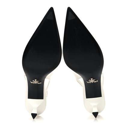 Prada Spazzolato Triangle Logo Pointed Toe 75mm Slingback Pumps 37 White 6 of 8