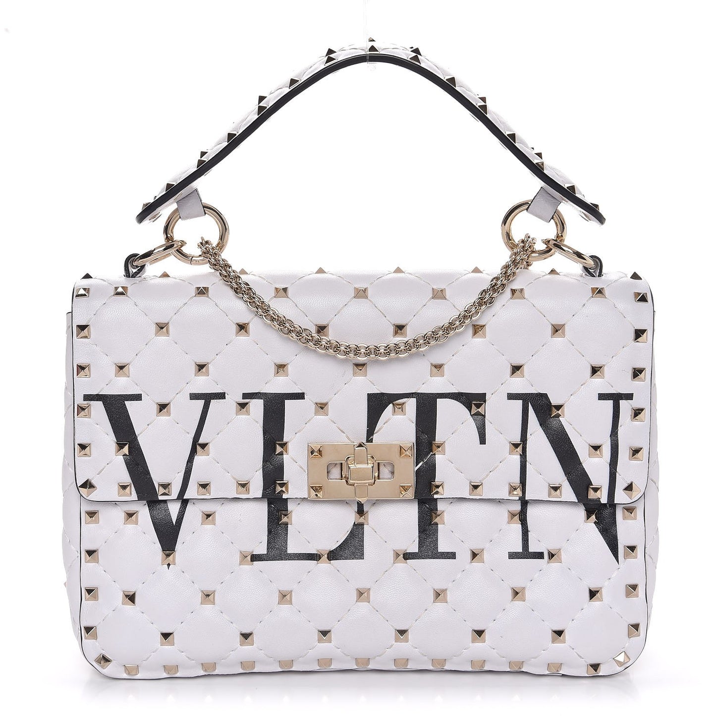 Lambskin VLTN Print Medium Rockstud Spike Shoulder Bag Optic White Black