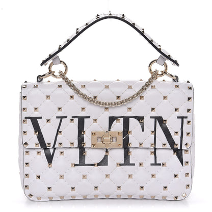 Valentino Garavani Lambskin VLTN Print Medium Rockstud Spike Shoulder Bag Optic White Black 1 of 8