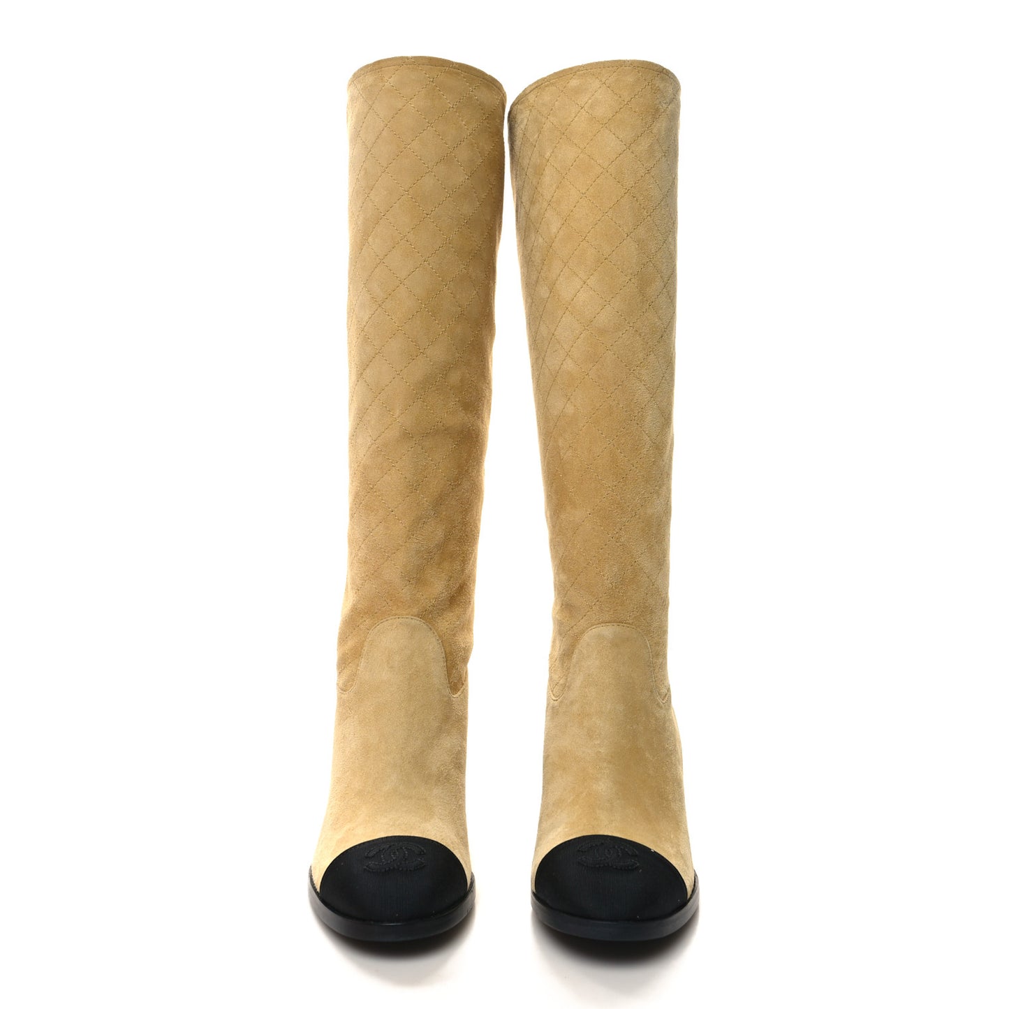 Suede Grosgrain Stitched CC High Boots 37 Beige Black