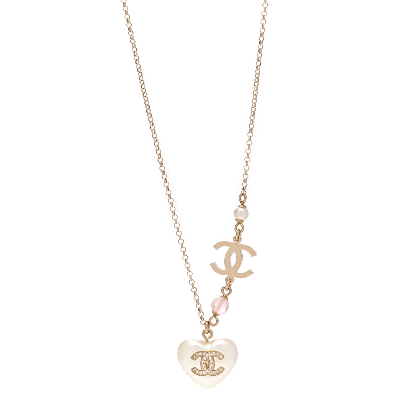 Resin Crystal CC Heart Necklace Pearly White Gold