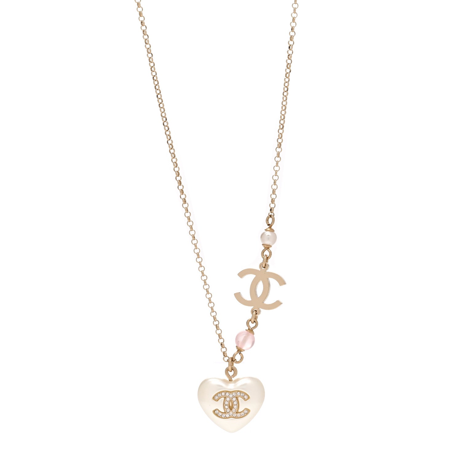 Chanel Resin Crystal CC Heart Necklace Pearly White Gold 1 of 6