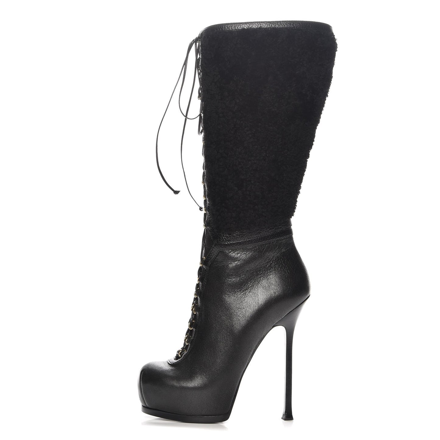 Shearling Calfskin Tribtoo 105 Lace Up Knee High Boots 37.5 Black