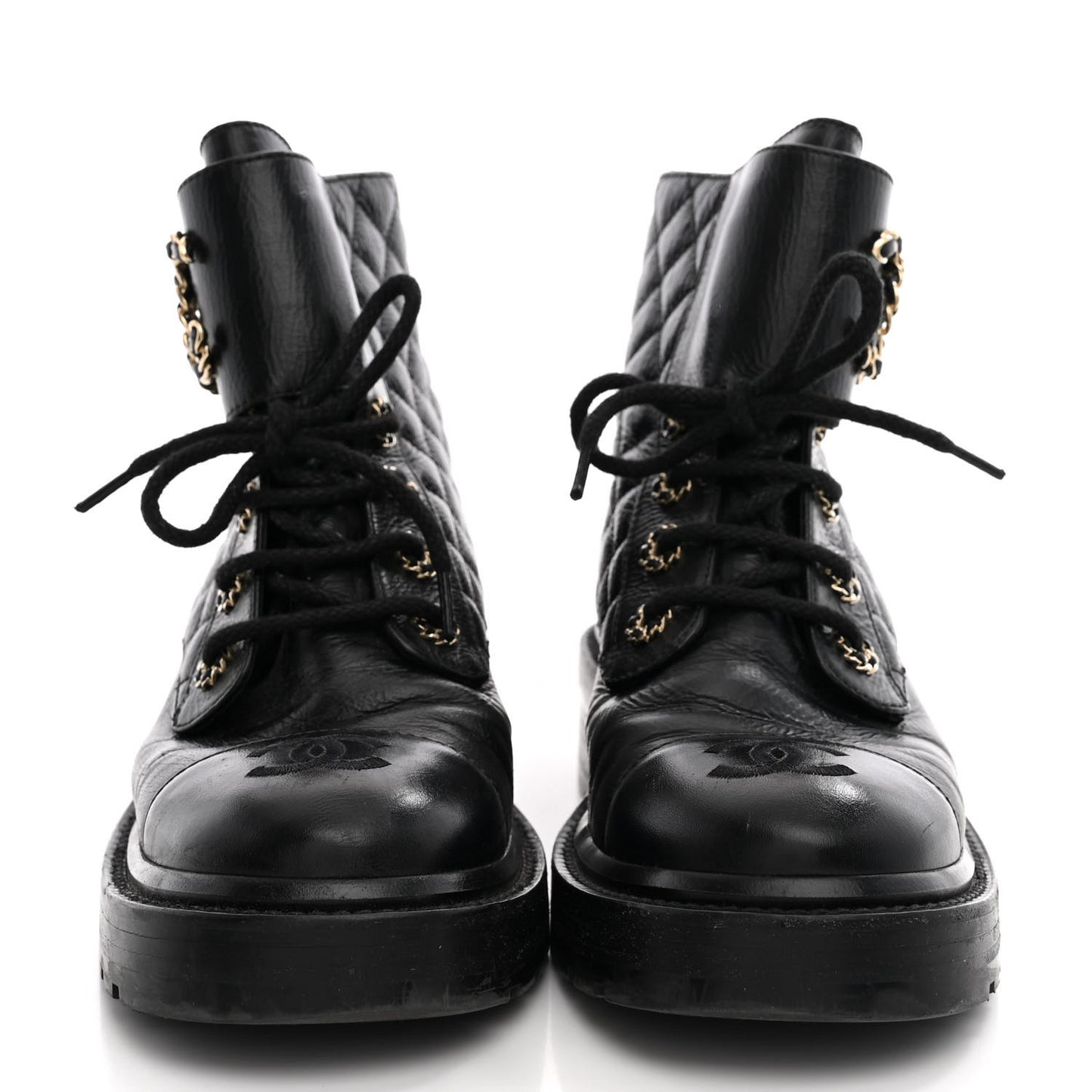 Shiny Calfskin Quilted Lace Up Combat Boots 37 Black