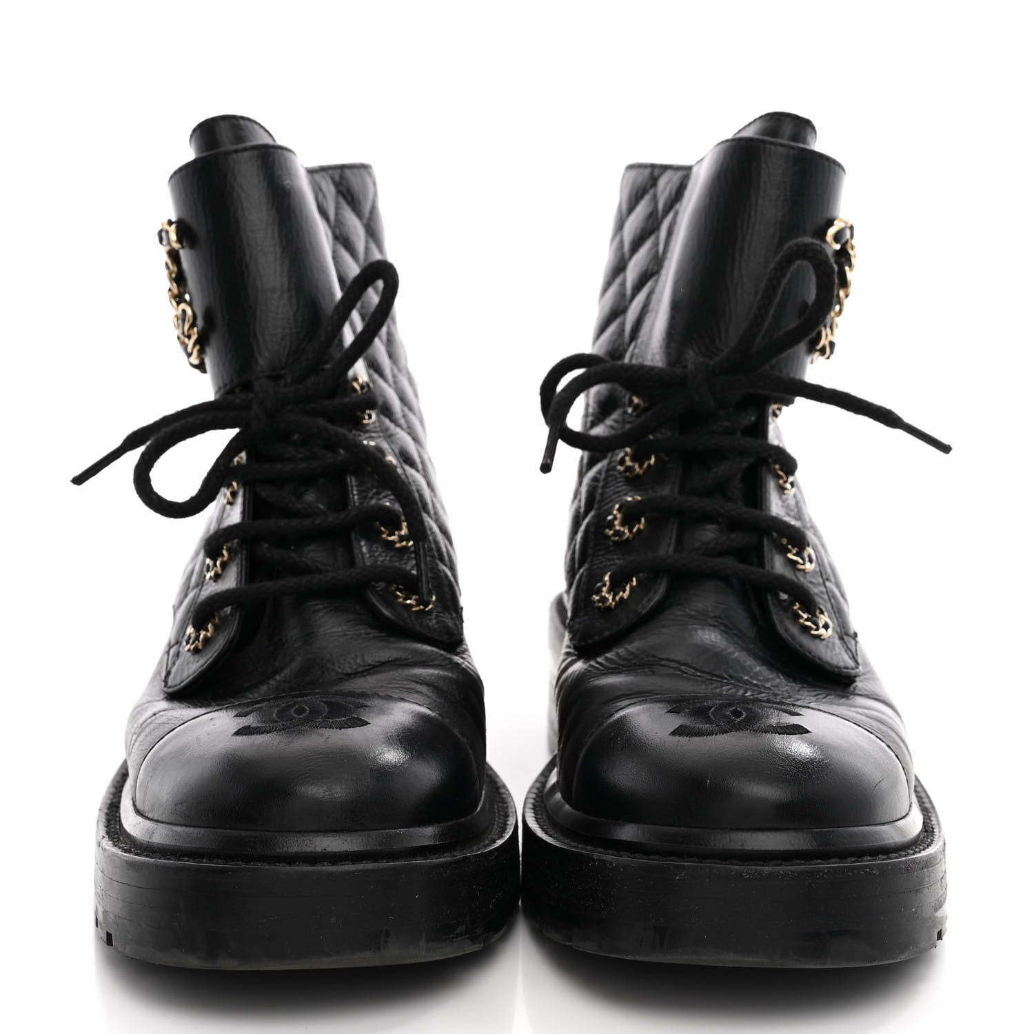 Chanel Shiny Calfskin Quilted Lace Up Combat Boots 37 Black 3 of 12