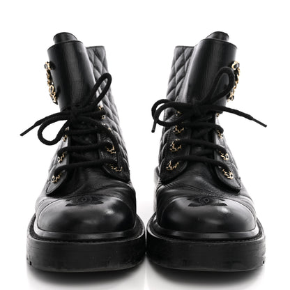 Chanel Shiny Calfskin Quilted Lace Up Combat Boots 37 Black 3 of 12