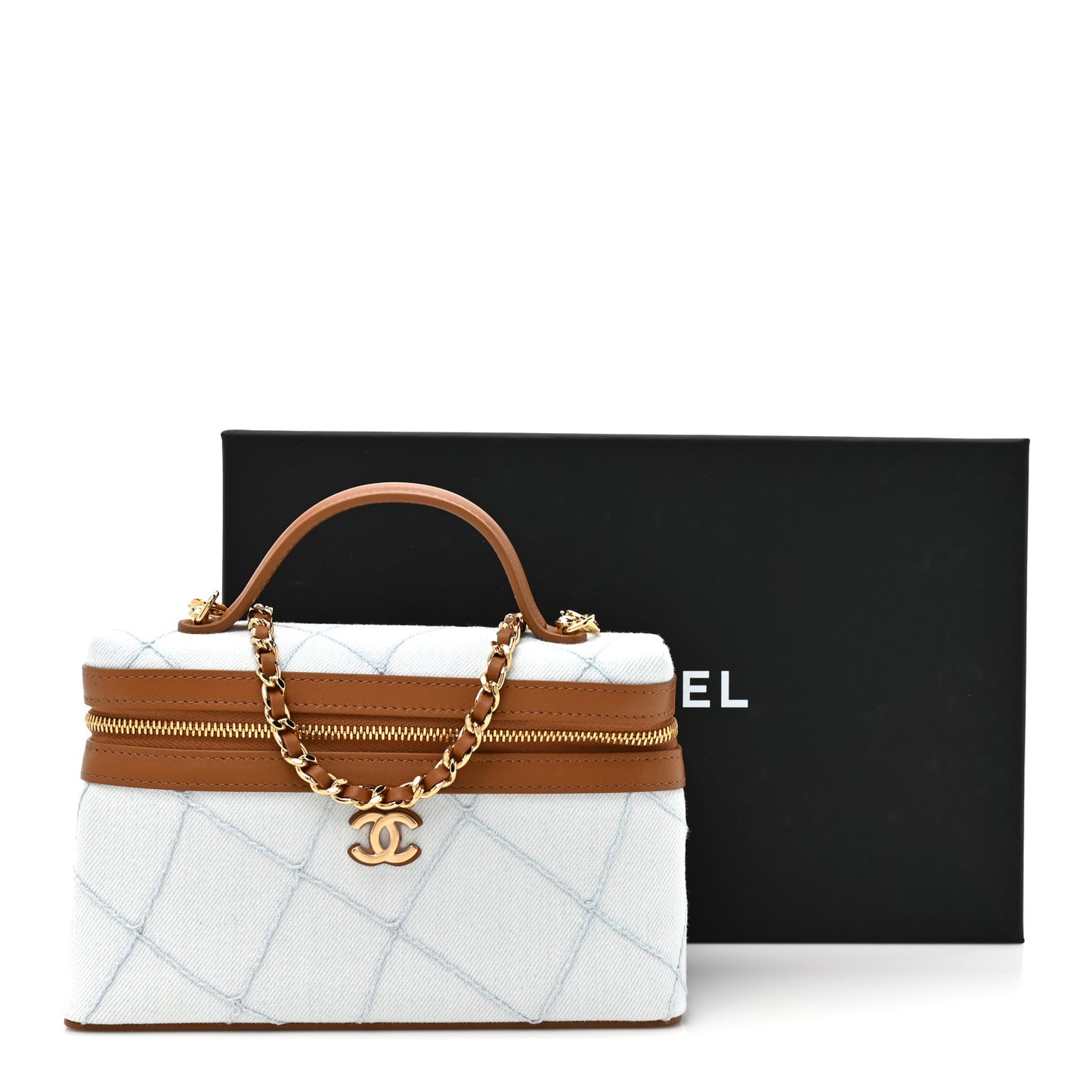 Washed Denim Calfskin Quilted Top Handle Slim Vanity Case With Chain Blue Brown