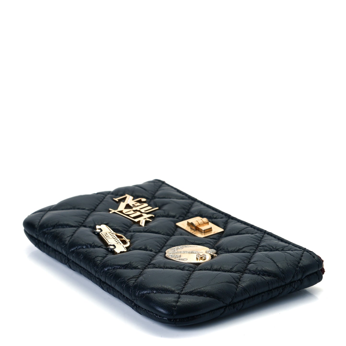 Aged Calfskin Quilted Small Lucky Charms Cosmetic Case Black