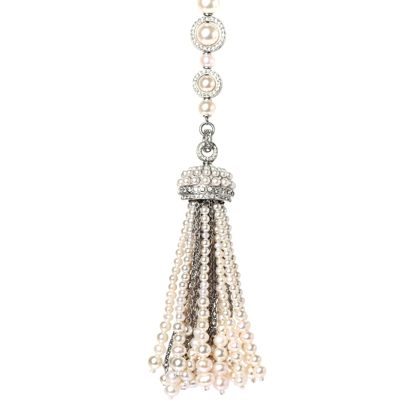 Pearl CC Tassel Long Necklace Silver