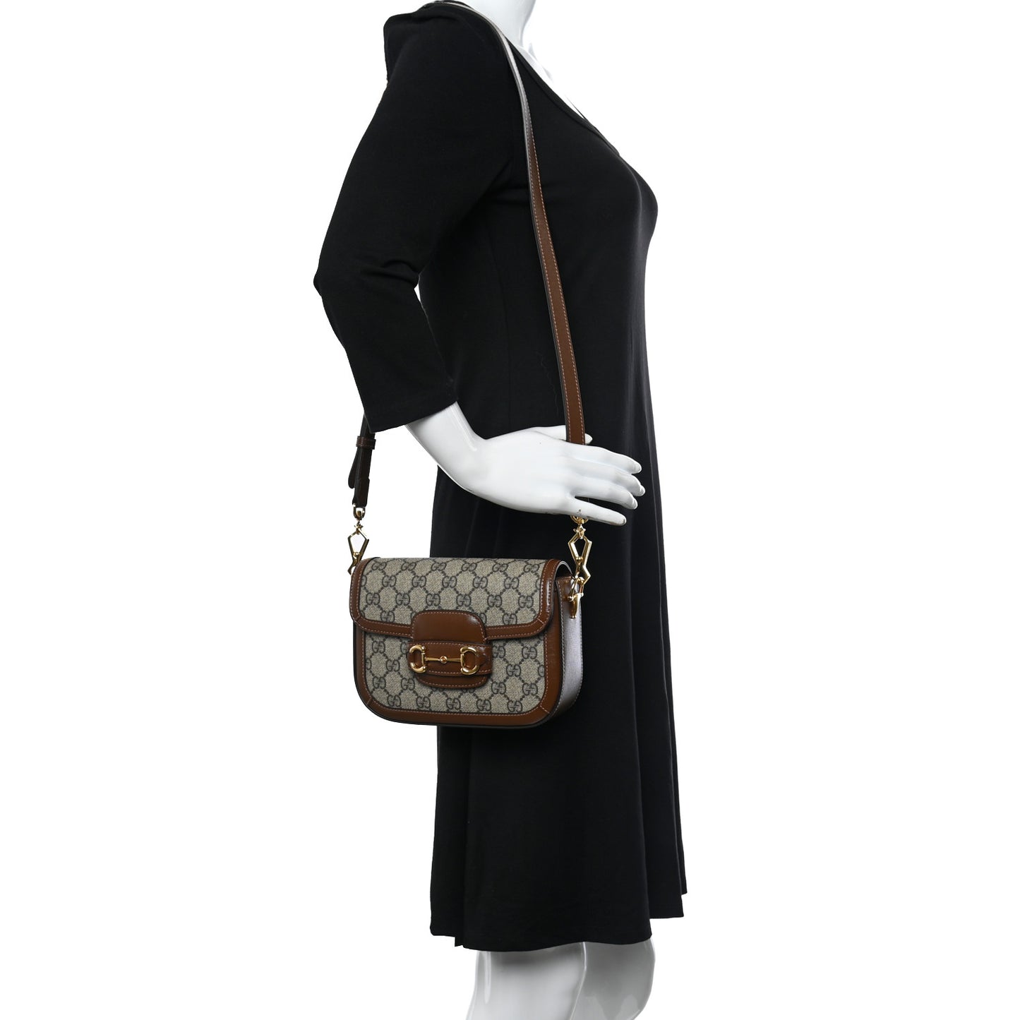 GG Supreme Monogram Web Mini Horsebit 1955 Shoulder Bag Beige Brown Sugar