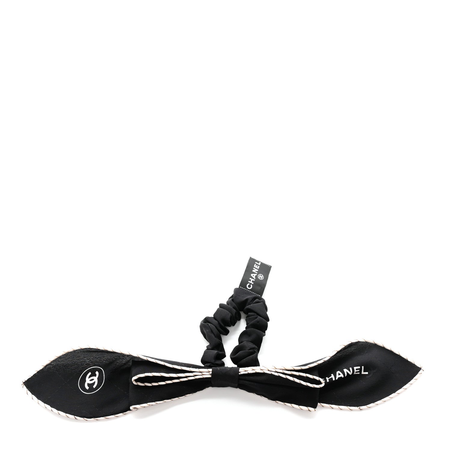 Chanel Silk CC Bow Hair Tie Black Ecru 1 of 5