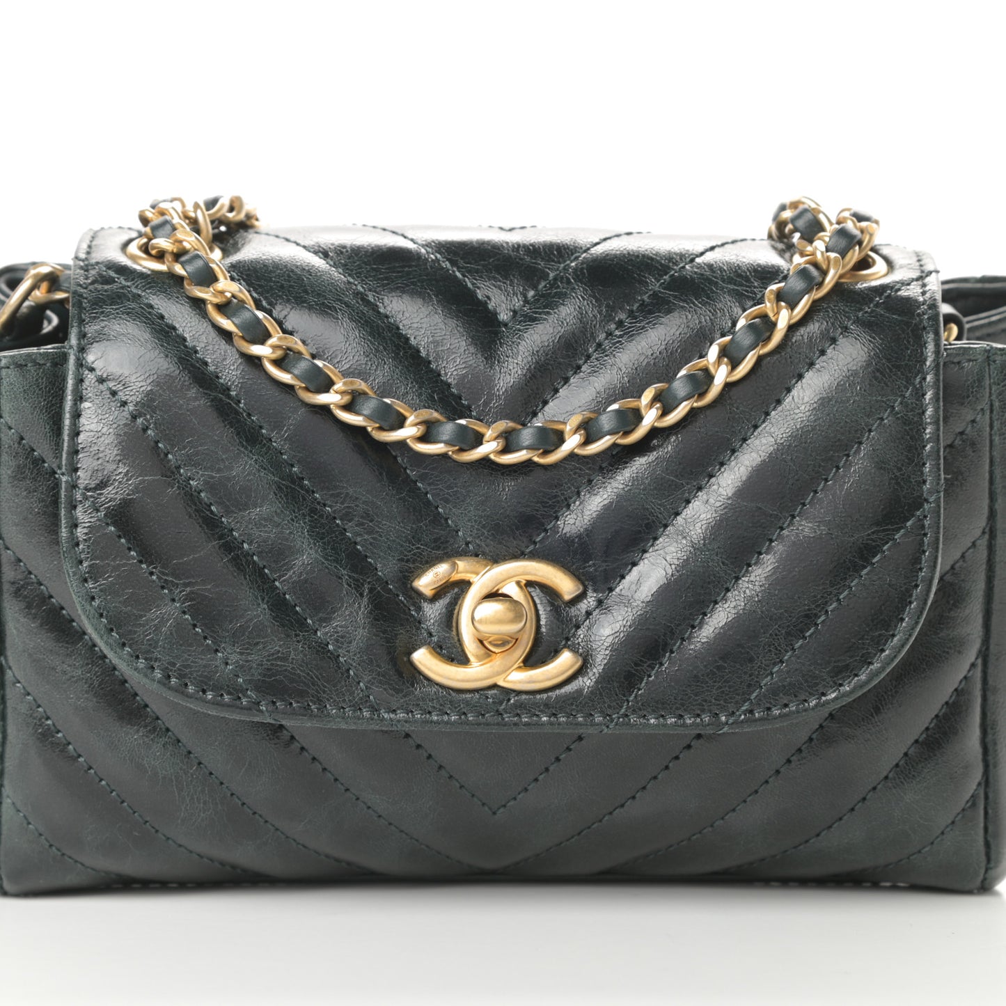 Glazed Calfskin Chevron Quilted Small Hampton Flap Dark Green