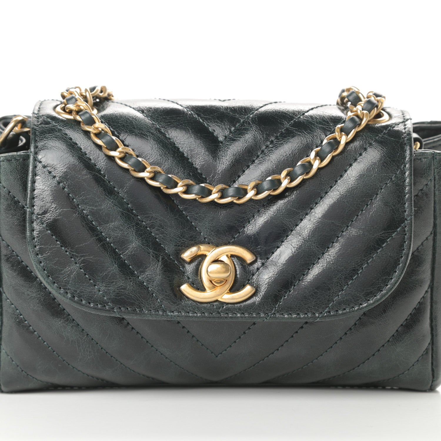 Chanel Glazed Calfskin Chevron Quilted Small Hampton Flap Dark Green 8 of 11