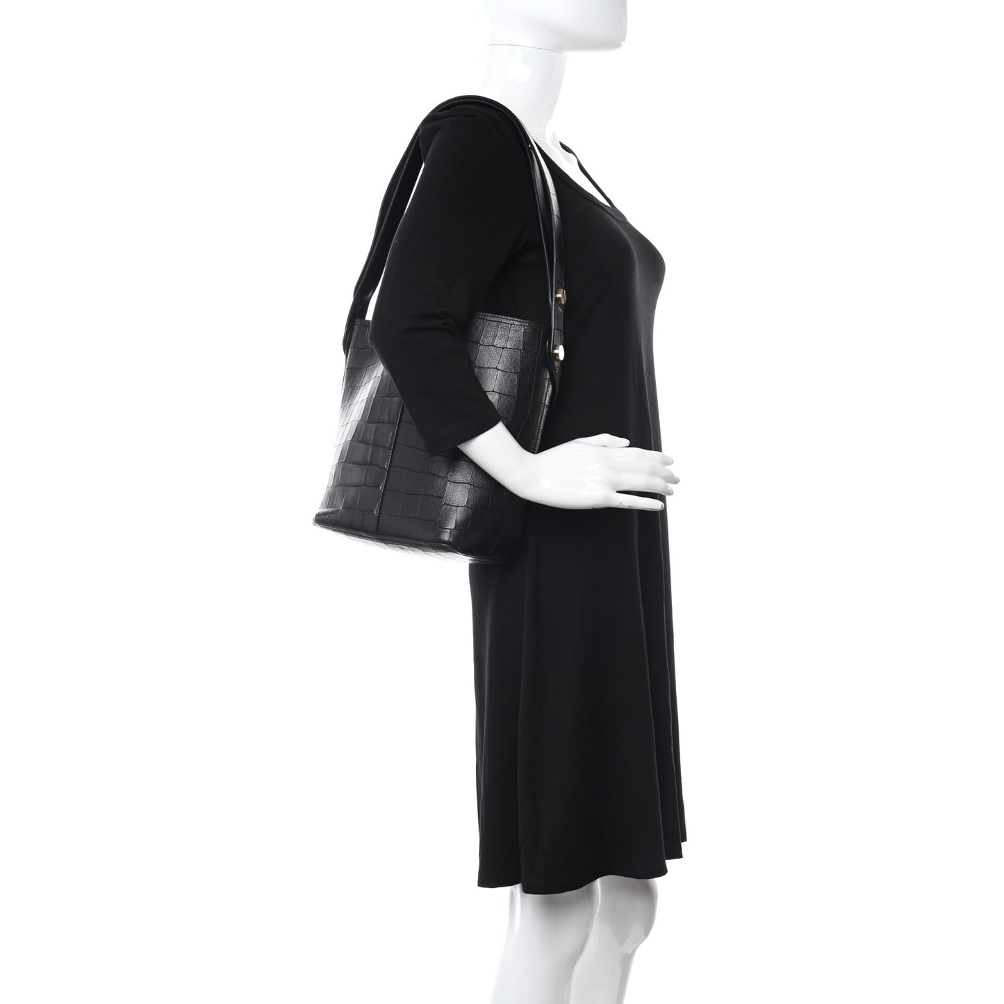 Calfskin Crocodile Embossed Small Kite Bucket Bag Black