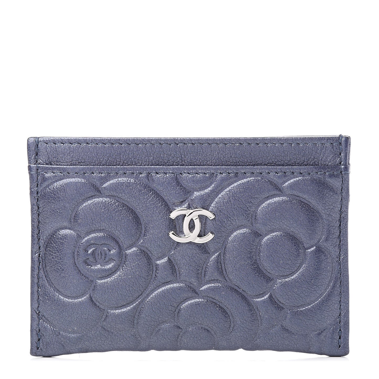 Goatskin Camellia Embossed Card Holder Dark Blue