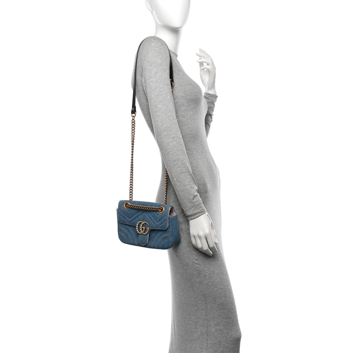 Denim Matelasse Mini Pearly GG Marmont Shoulder Bag Blue