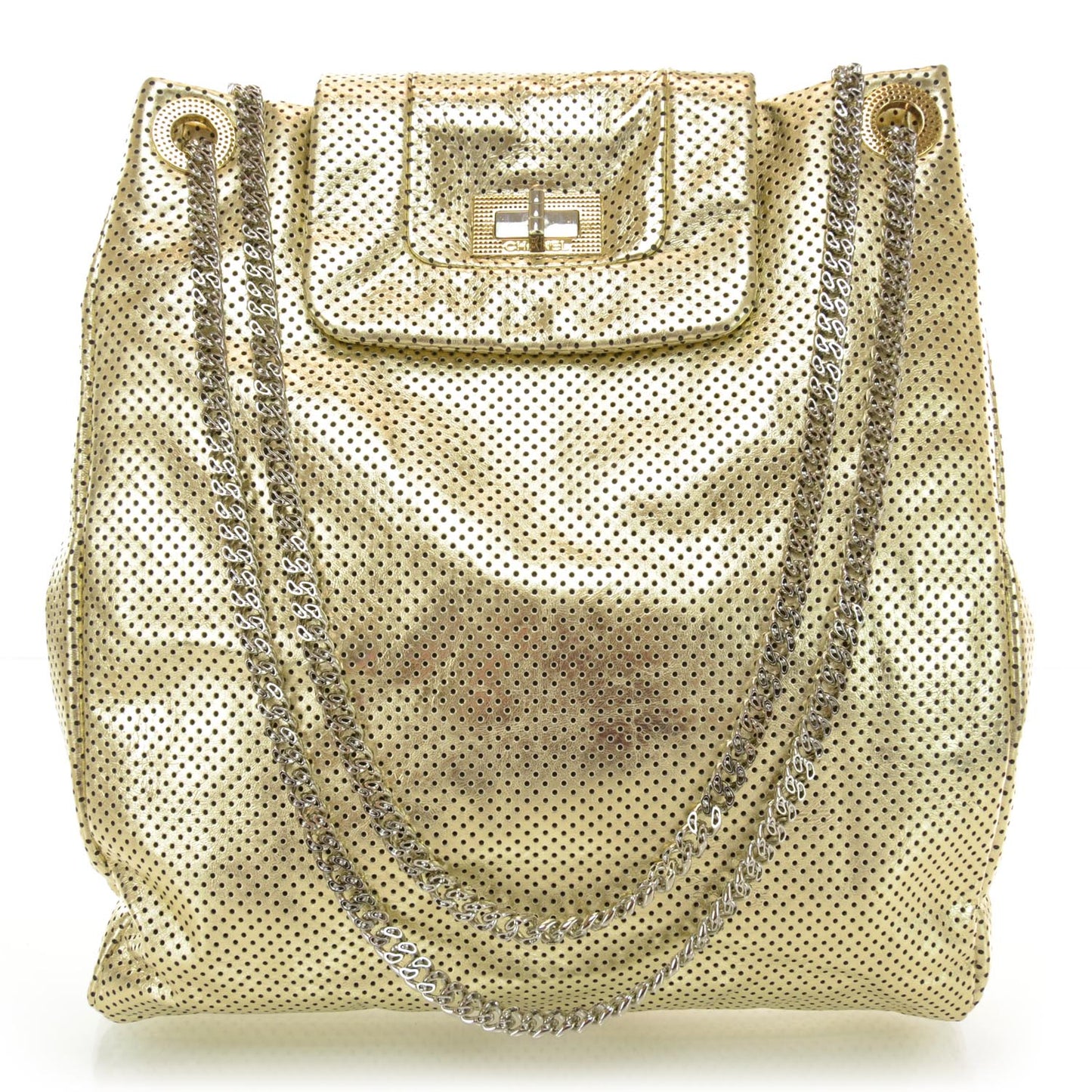 Metallic Crackled Calfskin Perforated Drill Shoulder Bag Gold