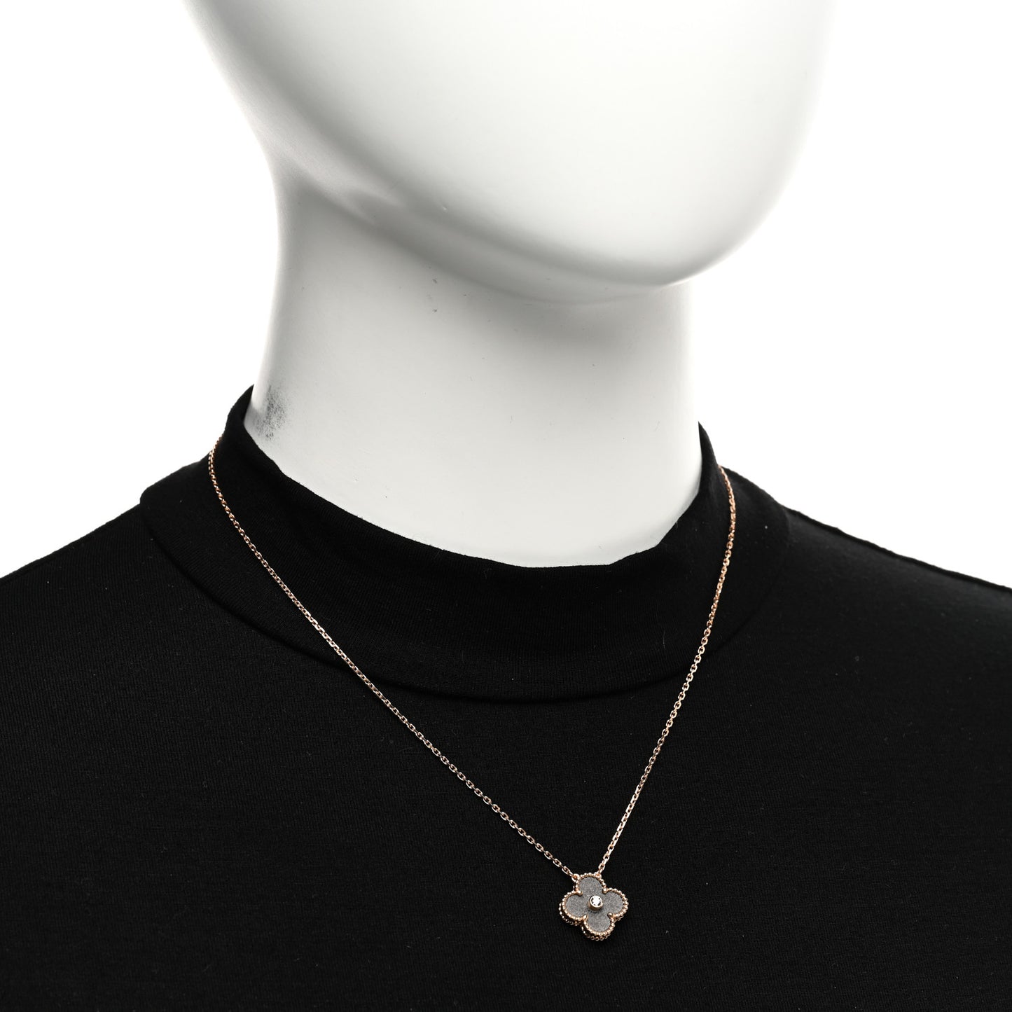18K Rose Gold Diamond Silver Obsidian Vintage Alhambra Pendant Necklace