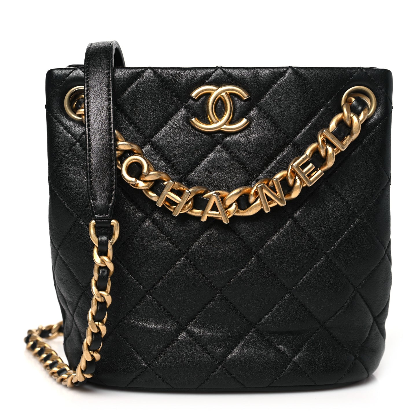 Lambskin Quilted Chaine Lettre Small Bucket Bag Black