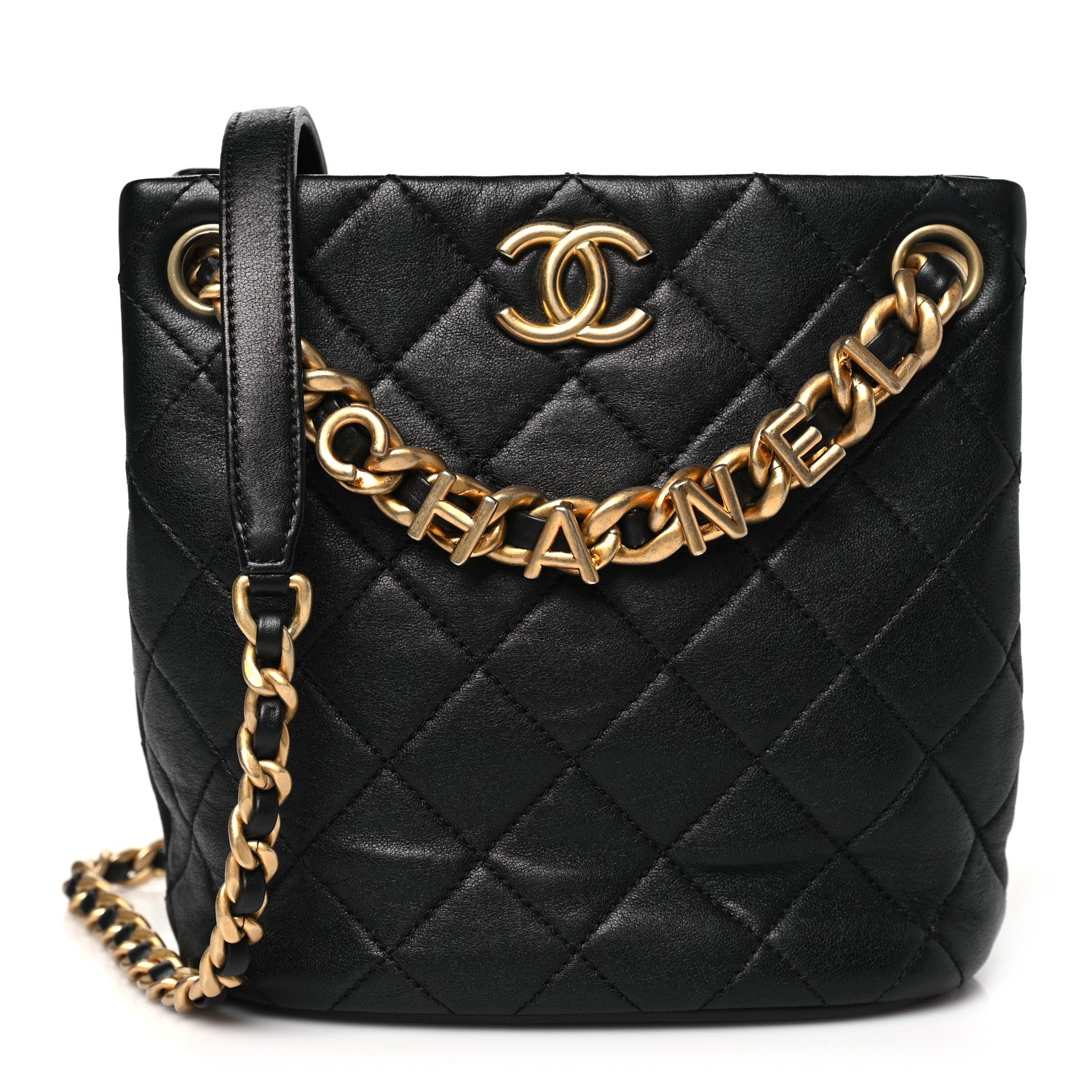 Chanel Lambskin Quilted Chaine Lettre Small Bucket Bag Black 1 of 10