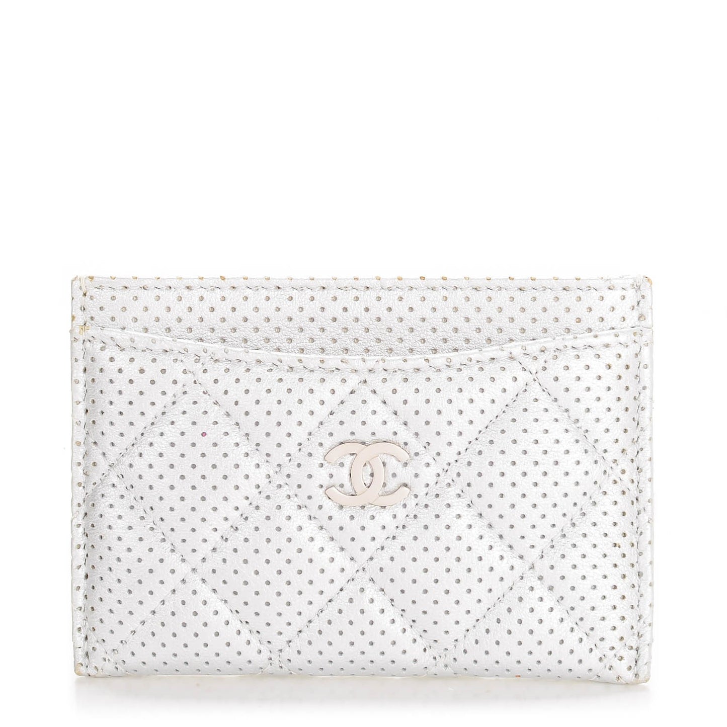 Perforated Lambskin Quilted Card Holder Light Silver
